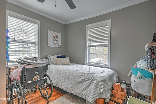 bedroom with dark hardwood / wood-style flooring, multiple windows, ornamental molding, and ceiling fan