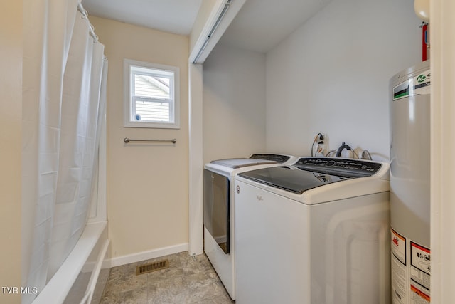 clothes washing area with independent washer and dryer and electric water heater