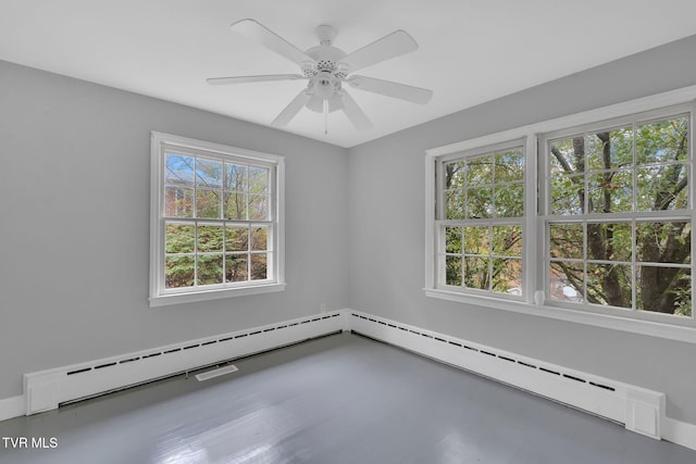 unfurnished room featuring ceiling fan and a baseboard radiator