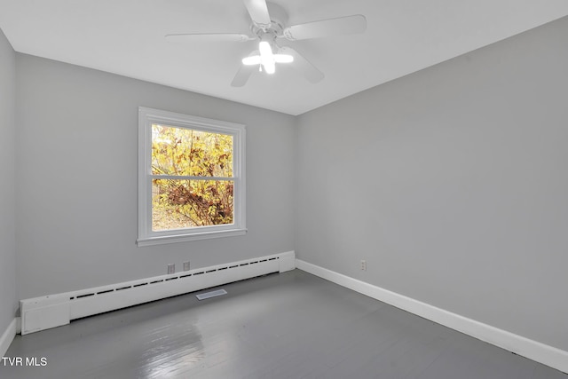 unfurnished room with ceiling fan and a baseboard heating unit