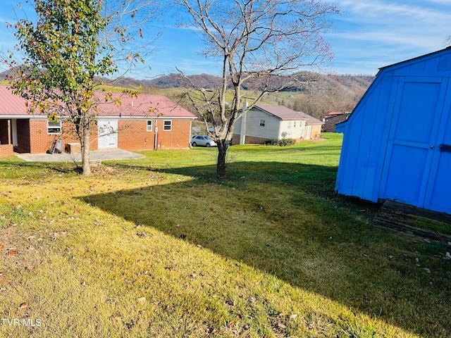 view of yard with a mountain view, a patio, and a storage unit