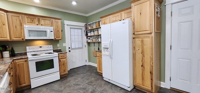 kitchen with white appliances and ornamental molding