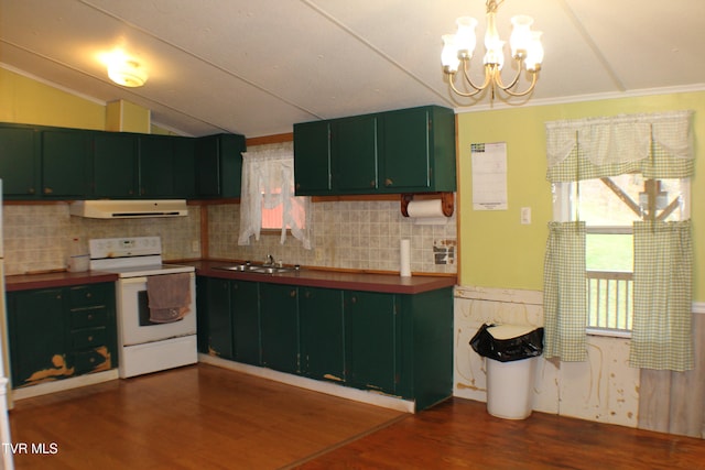 kitchen with dark hardwood / wood-style floors, white range with electric cooktop, a chandelier, lofted ceiling, and exhaust hood