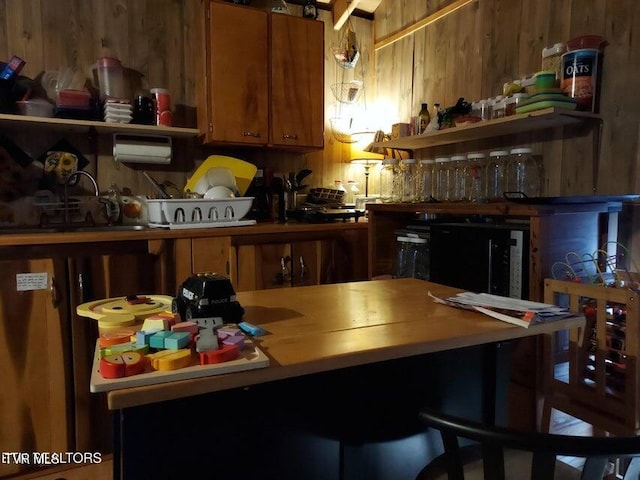 kitchen featuring wooden walls and sink