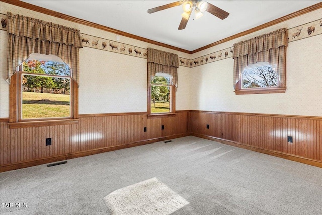 spare room with carpet floors, a healthy amount of sunlight, and ornamental molding