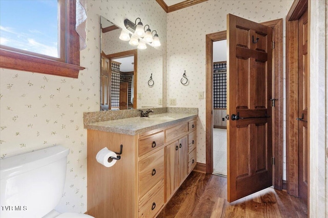 bathroom featuring vanity, toilet, wood-type flooring, and ornamental molding