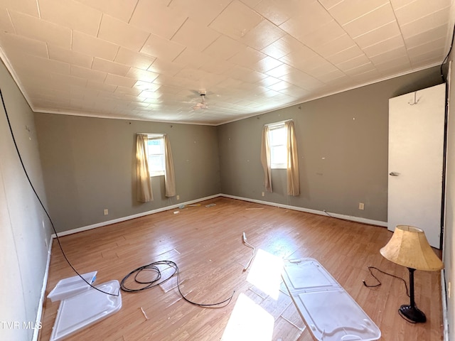 unfurnished room with ceiling fan, light wood-type flooring, and crown molding