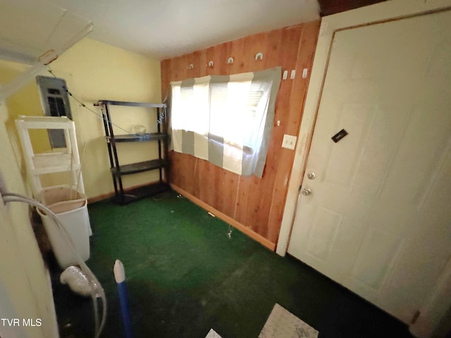 interior space with dark colored carpet and wooden walls