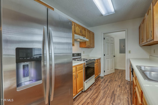 kitchen with stainless steel fridge with ice dispenser, dark hardwood / wood-style floors, electric panel, a textured ceiling, and white range with gas cooktop