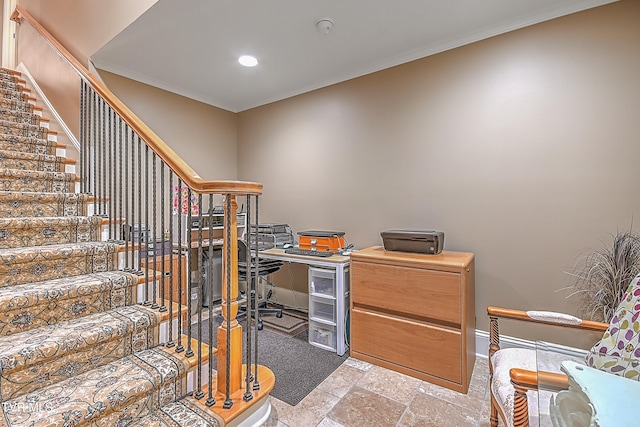 home office with ornamental molding