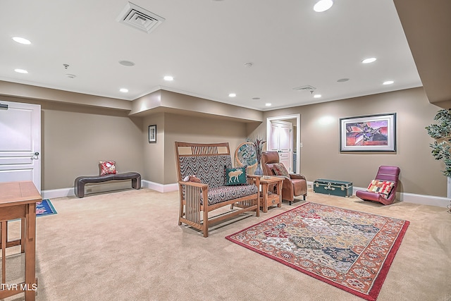 bedroom featuring light carpet