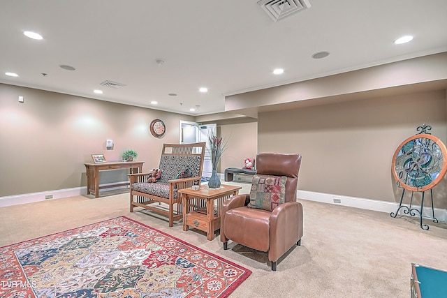 living area featuring light colored carpet