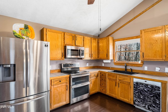 kitchen featuring dark hardwood / wood-style flooring, stainless steel appliances, vaulted ceiling, sink, and tile counters