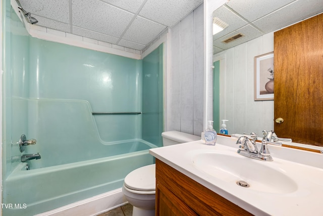 full bathroom featuring vanity, shower / tub combination, a paneled ceiling, and tile patterned floors