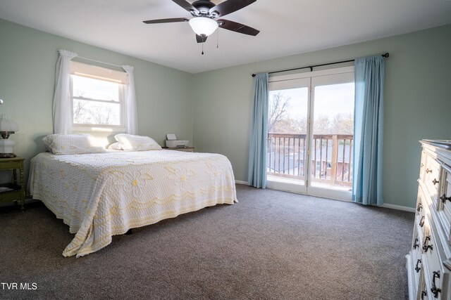 carpeted bedroom with access to exterior and ceiling fan