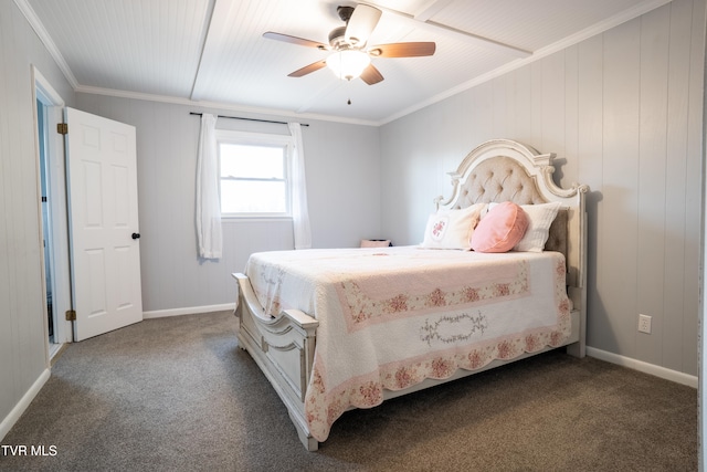 bedroom with ceiling fan, ornamental molding, and carpet floors