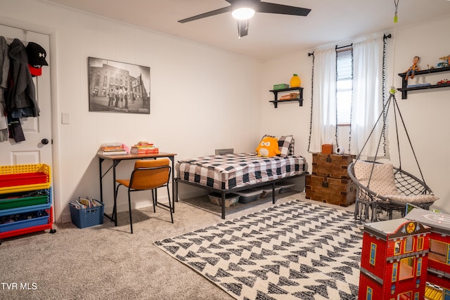 bedroom featuring carpet flooring and ceiling fan