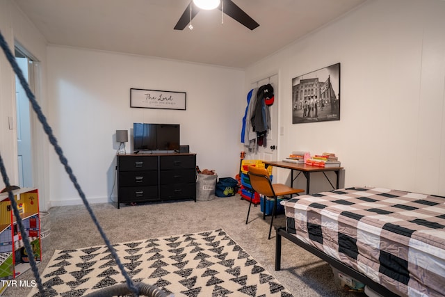 bedroom with ceiling fan and light colored carpet