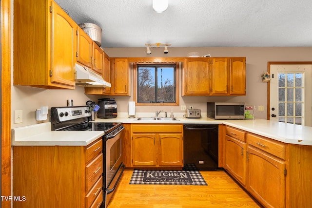 kitchen with kitchen peninsula, appliances with stainless steel finishes, plenty of natural light, and sink