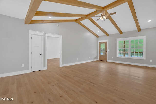 unfurnished living room with vaulted ceiling with beams, ceiling fan, and light wood-type flooring