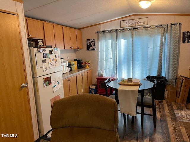 kitchen with vaulted ceiling, white fridge, and dark hardwood / wood-style floors