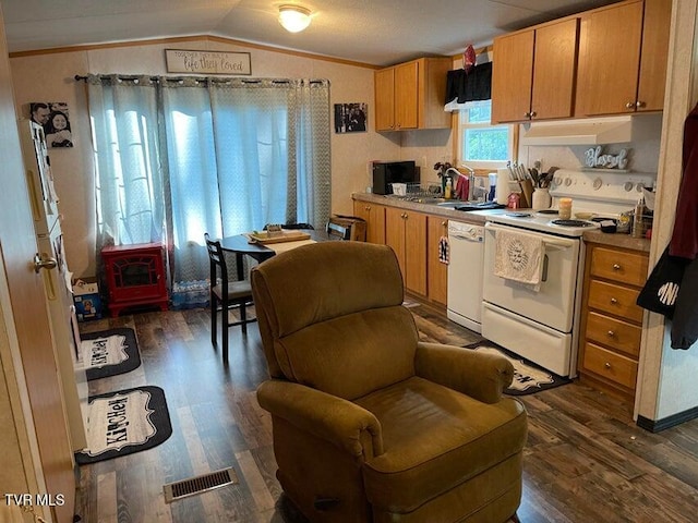 kitchen with sink, dark hardwood / wood-style floors, crown molding, lofted ceiling, and white appliances