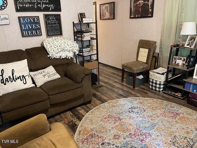 living room with dark hardwood / wood-style flooring