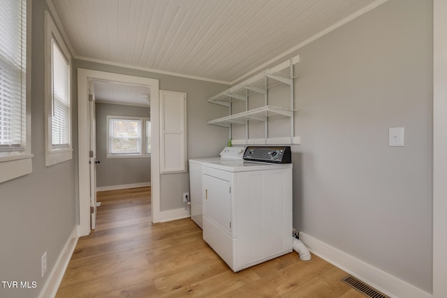 washroom featuring washer / dryer, light wood-type flooring, ornamental molding, and wood ceiling