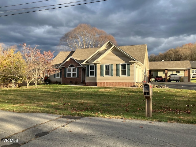 view of front of property featuring a carport and a front lawn