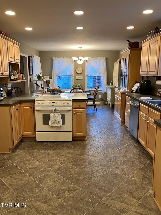 kitchen with sink, decorative light fixtures, an inviting chandelier, dishwasher, and white range with electric cooktop