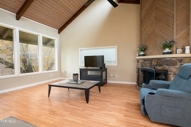 living room with high vaulted ceiling, a fireplace, beamed ceiling, light hardwood / wood-style floors, and wood ceiling