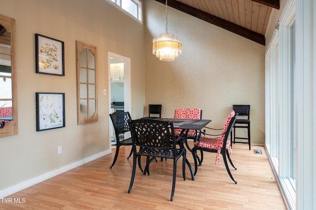 dining space with wood ceiling, vaulted ceiling with beams, light wood-type flooring, and an inviting chandelier