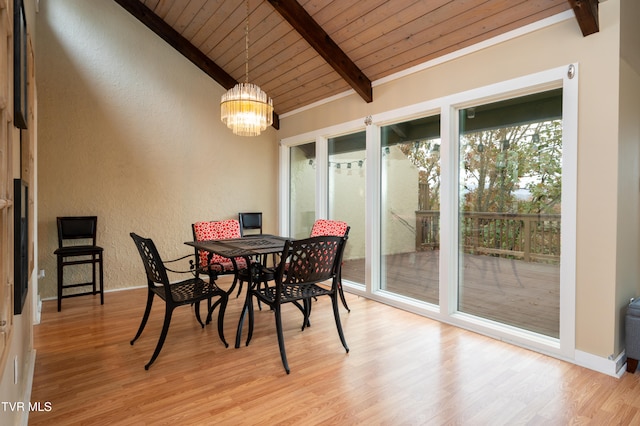 dining space with a notable chandelier, light hardwood / wood-style floors, wooden ceiling, and lofted ceiling with beams