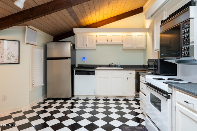 kitchen with white appliances, white cabinets, sink, vaulted ceiling with beams, and wood ceiling