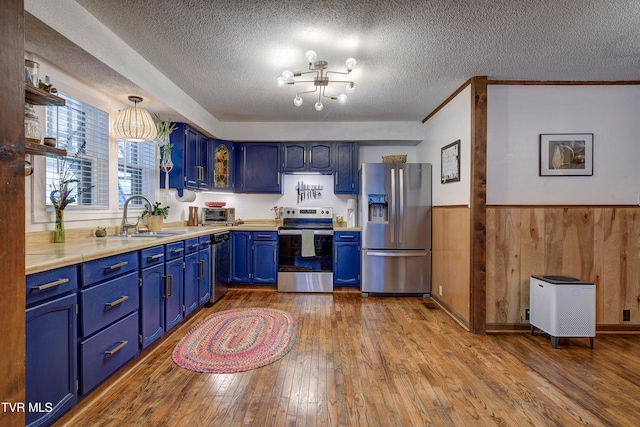 kitchen featuring blue cabinetry, appliances with stainless steel finishes, wood-type flooring, and sink