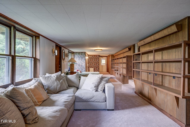 living room with carpet flooring, ornamental molding, and wooden walls