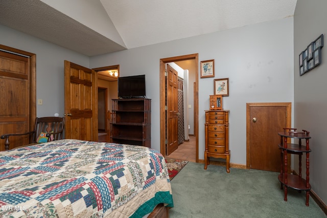 carpeted bedroom with a textured ceiling and lofted ceiling