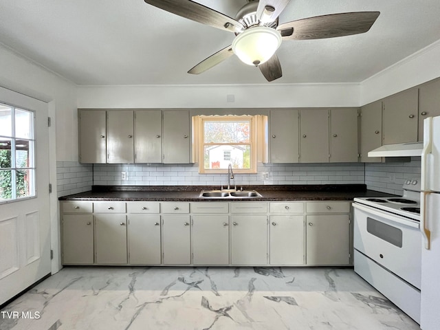 kitchen with crown molding, white appliances, sink, and tasteful backsplash