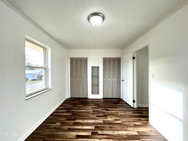 interior space featuring dark hardwood / wood-style flooring, a textured ceiling, and ornamental molding