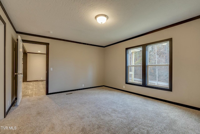 carpeted empty room featuring crown molding and a textured ceiling