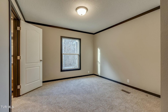 carpeted spare room with crown molding and a textured ceiling