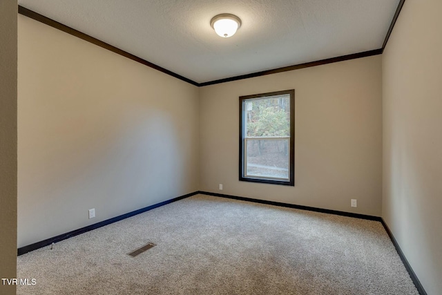 carpeted spare room featuring ornamental molding and a textured ceiling