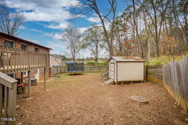 view of yard featuring a shed and a trampoline