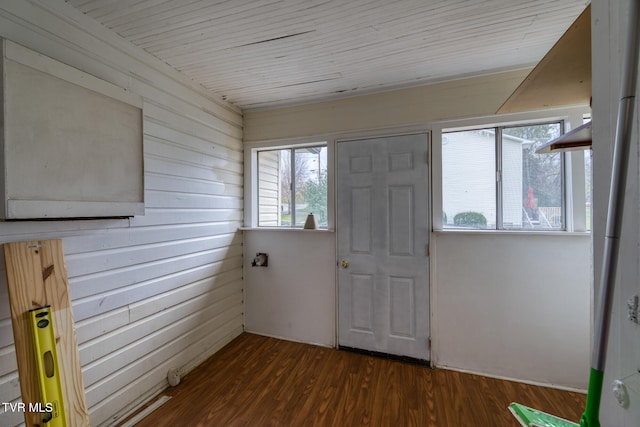 interior space with wood walls and dark hardwood / wood-style floors