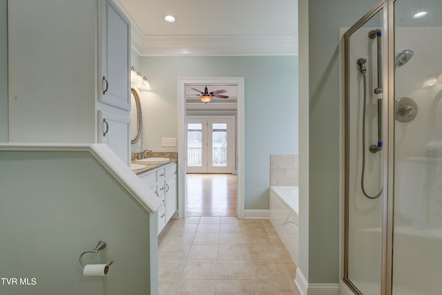 bathroom featuring vanity, tile patterned floors, ceiling fan, and separate shower and tub