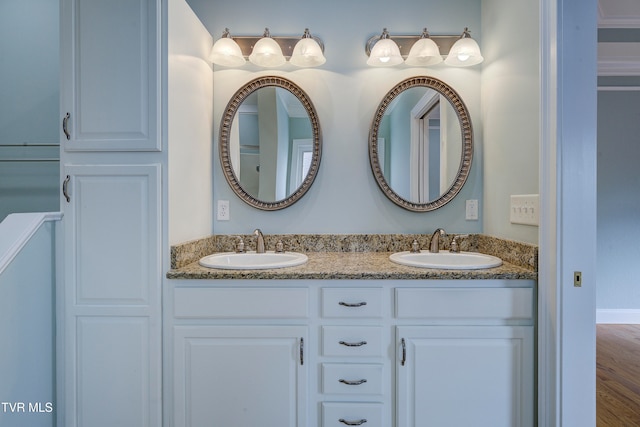 bathroom with hardwood / wood-style floors and vanity