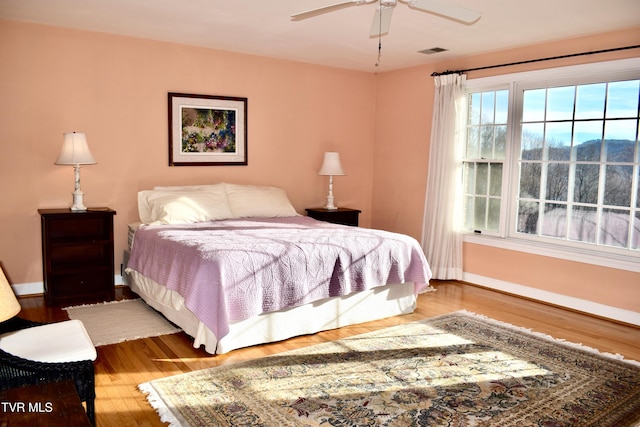 bedroom featuring ceiling fan and wood-type flooring