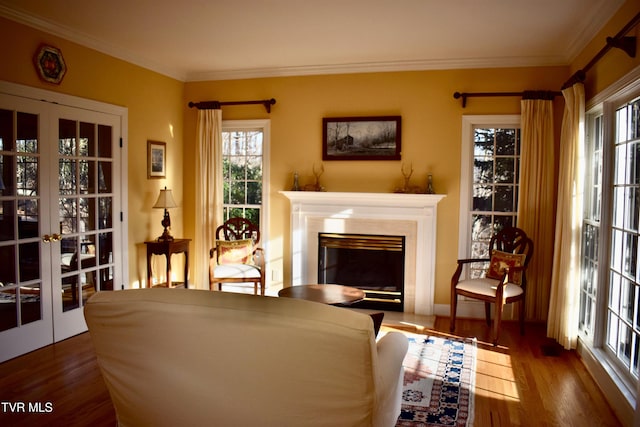 living area featuring french doors, dark hardwood / wood-style floors, and ornamental molding