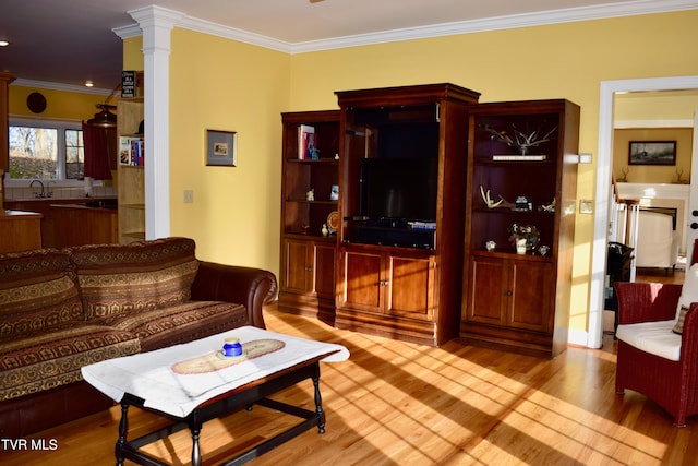 living room featuring sink, light wood-type flooring, crown molding, and ornate columns