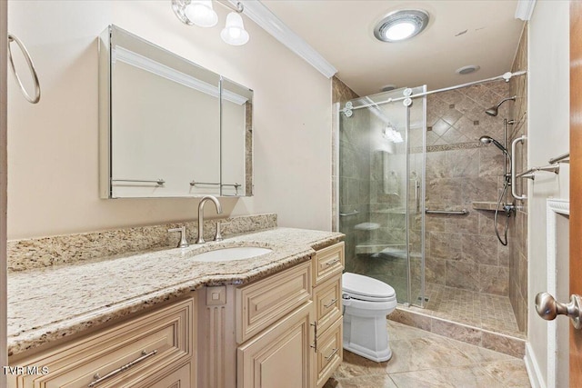 bathroom with walk in shower, toilet, vanity, and ornamental molding